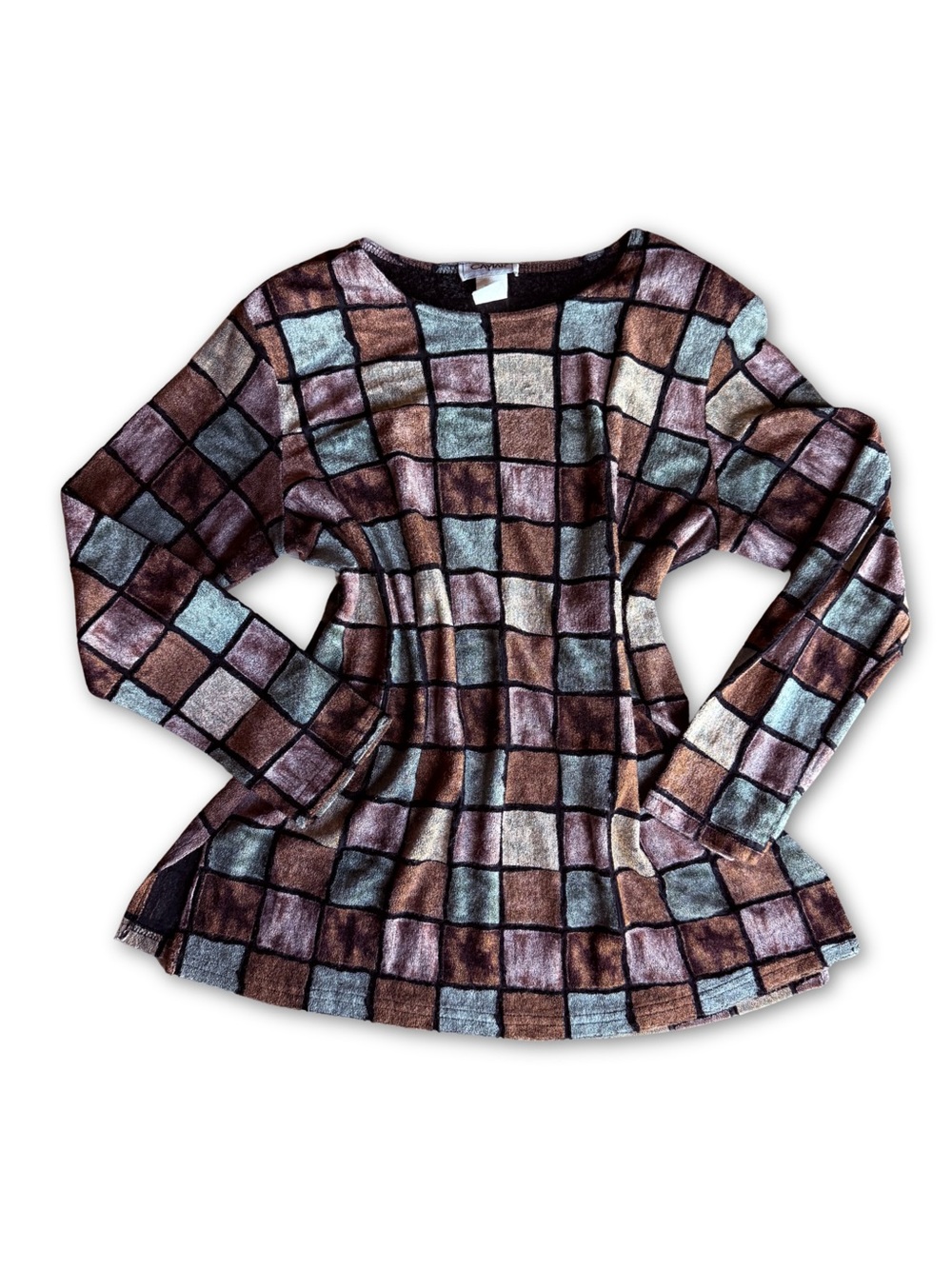 90s Vintage Caviar Whimsigoth Patchwork Long Sleeve Top in Brown & Sage